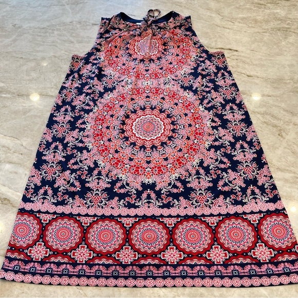 NEW London Times | Floral Geo Print Midi Sleeveless Shift Dress | Blue/Red | 10 - Picture 4 of 11